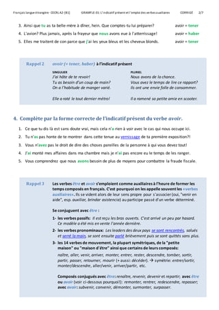 L Indicatif Present Et L Emploi Des Verbes Auxiliaires 1 Corrige