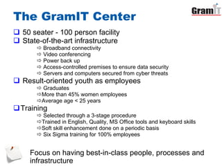 The GramIT Center 50 seater - 100 person facility State-of-the-art infrastructure Broadband connectivity Video conferencing Power back up Access-controlled premises to ensure data security Servers and computers secured from cyber threats Result-oriented youth as employees Graduates  More than 45% women employees Average age < 25 years Training  Selected through a 3-stage procedure Trained in English, Quality, MS Office tools and keyboard skills Soft skill enhancement done on a periodic basis Six Sigma training for 100% employees Focus on having best-in-class people, processes and infrastructure 