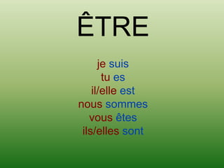 ÊTRE
      je suis
       tu es
    il/elle est
nous sommes
   vous êtes
 ils/elles sont
 