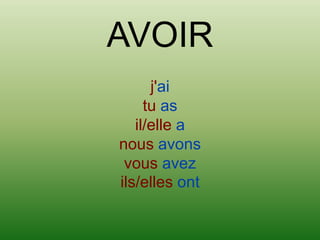 AVOIR
      j'ai
     tu as
   il/elle a
nous avons
 vous avez
ils/elles ont
 
