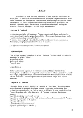 L’Indicatif


       L’indicatif est un mode personnel et temporel. C’est le mode de l’actualisation du
procès grâce à sa richesse en indications temporelles. Il comporte cinq formes simples et cinq
formes composées leur correspondant. Formes simples, formes composées, quelques formes
surcomposées. Les formes simples et les formes composées semblent symétriques : les
premières expriment l’aspect non-accompli, les autres marquent l’aspect accompli ou
indiquent l’antériorité par rapport à la forme simple correspondante.

Le présent de l’indicatif

Le présent a une relation privilégiée avec l’époque présente, mais il peut aussi situer les
procès dans n’importe quelle époque. Ces multiples valeurs temporelles s’expliquent par la
vacuité sémantique du présent de l’indicatif.
F Comme forme simple, le présent de l’indicatif permet de saisir le procès en cours de
déroulement, sans préjuger de sa délimitation ou de sa durée.

Les différentes valeurs temporelles d’un énoncé au présent
…

Le passé composé

C’est la forme composée symétrique au présent : il marque l’aspect accompli et l’antériorité
par rapport au présent. Valeurs :
Accompli du présent
Antérieur du présent
Temps du passé

Le passé simple

Il situe le procès dans le passé, et en donne une vision synthétique et compacte en
l’envisageant, à la différence de l’imparfait, comme un « noyau indivis », non-sécant. Avec le
passé simple, on perçoit le procès comme nettement délimité dans son déroulement et orienté
vers son terme final. La durée du procès est donc plus ou moins longue, mais toujours
délimitable.

L’imparfait de l’indicatif

L’imparfait dénote un procès situé hors de l’actualité de l’énonciateur : il prend une valeur
temporelle quand le procès est décalé dans le passé, et une valeur modale quand il est
envisagé comme possible hors de l’univers réel. A la différence du passé simple, il exprime
l’aspect sécant du procès : celui-ci est perçu « de l’intérieur », dans son déroulement.
Valeurs :
Imparfait descriptif et passé simple narratif
Imparfait narratif : Le 1er septembre 1939, les troupes allemandes envahissaient la Pologne.
Imparfait de perspective ou de rupture
Imparfait d’habitude
L’imparfait dans le discours indirect
Imparfait hypocoristique (« enfantin »)

                                                                                               17
 