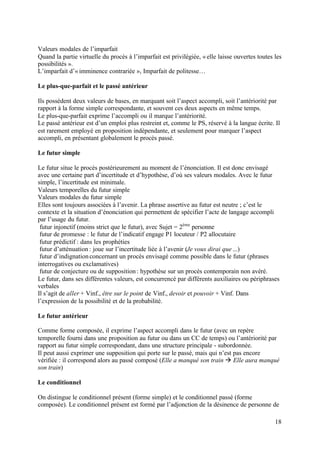 Valeurs modales de l’imparfait
Quand la partie virtuelle du procès à l’imparfait est privilégiée, « elle laisse ouvertes toutes les
possibilités ».
L’imparfait d’« imminence contrariée », Imparfait de politesse…

Le plus-que-parfait et le passé antérieur

Ils possèdent deux valeurs de bases, en marquant soit l’aspect accompli, soit l’antériorité par
rapport à la forme simple correspondante, et souvent ces deux aspects en même temps.
Le plus-que-parfait exprime l’accompli ou il marque l’antériorité.
Le passé antérieur est d’un emploi plus restreint et, comme le PS, réservé à la langue écrite. Il
est rarement employé en proposition indépendante, et seulement pour marquer l’aspect
accompli, en présentant globalement le procès passé.

Le futur simple

Le futur situe le procès postérieurement au moment de l’énonciation. Il est donc envisagé
avec une certaine part d’incertitude et d’hypothèse, d’où ses valeurs modales. Avec le futur
simple, l’incertitude est minimale.
Valeurs temporelles du futur simple
Valeurs modales du futur simple
Elles sont toujours associées à l’avenir. La phrase assertive au futur est neutre ; c’est le
contexte et la situation d’énonciation qui permettent de spécifier l’acte de langage accompli
par l’usage du futur.
 futur injonctif (moins strict que le futur), avec Sujet = 2ème personne
 futur de promesse : le futur de l’indicatif engage P1 locuteur / P2 allocutaire
 futur prédictif : dans les prophéties
 futur d’atténuation : joue sur l’incertitude liée à l’avenir (Je vous dirai que ...)
 futur d’indignation concernant un procès envisagé comme possible dans le futur (phrases
interrogatives ou exclamatives)
 futur de conjecture ou de supposition : hypothèse sur un procès contemporain non avéré.
Le futur, dans ses différentes valeurs, est concurrencé par différents auxiliaires ou périphrases
verbales
Il s’agit de aller + Vinf., être sur le point de Vinf., devoir et pouvoir + Vinf. Dans
l’expression de la possibilité et de la probabilité.

Le futur antérieur

Comme forme composée, il exprime l’aspect accompli dans le futur (avec un repère
temporelle fourni dans une proposition au futur ou dans un CC de temps) ou l’antériorité par
rapport au futur simple correspondant, dans une structure principale - subordonnée.
Il peut aussi exprimer une supposition qui porte sur le passé, mais qui n’est pas encore
vérifiée : il correspond alors au passé composé (Elle a manqué son train à Elle aura manqué
son train)

Le conditionnel

On distingue le conditionnel présent (forme simple) et le conditionnel passé (forme
composée). Le conditionnel présent est formé par l’adjonction de la désinence de personne de

                                                                                                 18
 