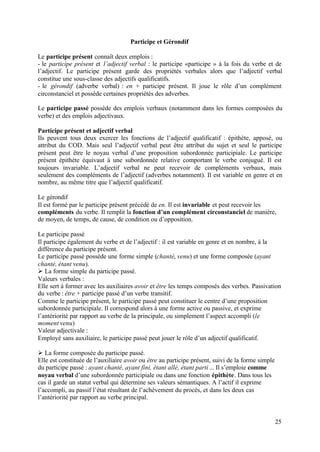 Participe et Gérondif

Le participe présent connaît deux emplois :
- le participe présent et l’adjectif verbal : le participe «participe » à la fois du verbe et de
l’adjectif. Le participe présent garde des propriétés verbales alors que l’adjectif verbal
constitue une sous-classe des adjectifs qualificatifs.
- le gérondif (adverbe verbal) : en + participe présent. Il joue le rôle d’un complément
circonstanciel et possède certaines propriétés des adverbes.

Le participe passé possède des emplois verbaux (notamment dans les formes composées du
verbe) et des emplois adjectivaux.

Participe présent et adjectif verbal
Ils peuvent tous deux exercer les fonctions de l’adjectif qualificatif : épithète, apposé, ou
attribut du COD. Mais seul l’adjectif verbal peut être attribut du sujet et seul le participe
présent peut être le noyau verbal d’une proposition subordonnée participiale. Le participe
présent épithète équivaut à une subordonnée relative comportant le verbe conjugué. Il est
toujours invariable. L’adjectif verbal ne peut recevoir de compléments verbaux, mais
seulement des compléments de l’adjectif (adverbes notamment). Il est variable en genre et en
nombre, au même titre que l’adjectif qualificatif.

Le gérondif
Il est formé par le participe présent précédé de en. Il est invariable et peut recevoir les
compléments du verbe. Il remplit la fonction d’un complément circonstanciel de manière,
de moyen, de temps, de cause, de condition ou d’opposition.

Le participe passé
Il participe également du verbe et de l’adjectif : il est variable en genre et en nombre, à la
différence du participe présent.
Le participe passé possède une forme simple (chanté, venu) et une forme composée (ayant
chanté, étant venu).
Ø La forme simple du participe passé.
Valeurs verbales :
Elle sert à former avec les auxiliaires avoir et être les temps composés des verbes. Passivation
du verbe : être + participe passé d’un verbe transitif.
Comme le participe présent, le participe passé peut constituer le centre d’une proposition
subordonnée participiale. Il correspond alors à une forme active ou passive, et exprime
l’antériorité par rapport au verbe de la principale, ou simplement l’aspect accompli (le
moment venu)
Valeur adjectivale :
Employé sans auxiliaire, le participe passé peut jouer le rôle d’un adjectif qualificatif.

Ø La forme composée du participe passé.
Elle est constituée de l’auxiliaire avoir ou être au participe présent, suivi de la forme simple
du participe passé : ayant chanté, ayant fini, étant allé, étant parti ... Il s’emploie comme
noyau verbal d’une subordonnée participiale ou dans une fonction épithète. Dans tous les
cas il garde un statut verbal qui détermine ses valeurs sémantiques. A l’actif il exprime
l’accompli, au passif l’état résultant de l’achèvement du procès, et dans les deux cas
l’antériorité par rapport au verbe principal.


                                                                                                   25
 
