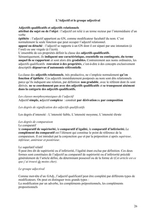 L’Adjectif et le groupe adjectival

Adjectifs qualificatifs et adjectifs relationnels
attribut du sujet ou de l’objet : l’adjectif est relié à un terme recteur par l’intermédiaire d’un
verbe
épithète : l’adjectif appartient au GN, comme modificateur facultatif du nom. C’est
normalement la seule fonction que peut occuper l’adjectif relationnel.
apposé ou détaché : l’adjectif se rapporte à un GN dont il est séparé par une intonation (à
l’oral) ou une virgule (à l’écrit).
L’ensemble de ces propriétés définit la classe des adjectifs qualificatifs.
Sémantiquement, ils indiquent une caractéristique, essentielle ou contingente, du terme
auquel ils se rapportent et sont alors dits gradables. Contrairement aux noms ordinaires, les
adjectifs qualificatifs renvoient à des propriétés, c’est-à-dire à des concepts exclusivement
descriptifs dépourvus d’autonomie référentielle.

La classe des adjectifs relationnels, très productive, ne s’emploie normalement qu’en
fonction d’épithète. Ces adjectifs immédiatement postposés au nom sont dits relationnels
parce qu’ils indiquent une relation, par définition non gradable, avec le référent dont ils sont
dérivés. ne se coordonnent pas avec des adjectifs qualificatifs et se transposent aisément
dans la catégorie des adjectifs qualificatifs.

Les classes morphosyntaxiques de l’adjectif
Adjectif simple, adjectif complexe : construit par dérivation ou par composition

Les degrés de signification des adjectifs qualificatifs

Les degrés d’intensité : L’intensité faible, L’intensité moyenne, L’intensité élevée

Les degrés de comparaison
Le comparatif
le comparatif de supériorité, le comparatif d’égalité, le comparatif d’infériorité. Le
complément du comparatif est l’élément qui constitue le point de référence de la
comparaison. Il est introduit pat la conjonction que et par la préposition à après supérieur,
inférieur, antérieur et postérieur.

Le superlatif relatif
Il peut être dit de supériorité ou d’infériorité, l’égalité étant exclue par définition. Ces deux
formes sont constituées de l’adjectif au comparatif de supériorité ou d’infériorité précédé
généralement de l’article défini, du déterminant possessif ou de la forme de (Cet article est ce
que j’ai trouvé de moins cher).

Le groupe adjectival

Comme mot-tête d’un GAdj., l’adjectif qualificatif peut être complété par différents types de
modificateurs. On peut en distinguer trois grands types :
La modification par un adverbe, les compléments prépositionnels, les compléments
propositionnels




                                                                                                26
 