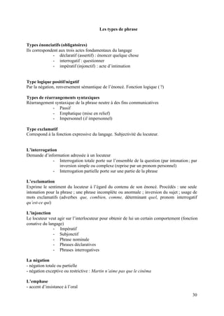 Les types de phrase


Types énonciatifs (obligatoires)
Ils correspondent aux trois actes fondamentaux du langage
               - déclaratif (assertif) : énoncer quelque chose
               - interrogatif : questionner
               - impératif (injonctif) : acte d’intimation


Type logique positif/négatif
Par la négation, renversement sémantique de l’énoncé. Fonction logique ( ?)

Types de réarrangements syntaxiques
Réarrangement syntaxique de la phrase neutre à des fins communicatives
             - Passif
             - Emphatique (mise en relief)
             - Impersonnel (il impersonnel)

Type exclamatif
Correspond à la fonction expressive du langage. Subjectivité du locuteur.


L’interrogation
Demande d’information adressée à un locuteur
             - Interrogation totale porte sur l’ensemble de la question (par intonation ; par
                inversion simple ou complexe (reprise par un pronom personnel)
             - Interrogation partielle porte sur une partie de la phrase

L’exclamation
Exprime le sentiment du locuteur à l’égard du contenu de son énoncé. Procédés : une seule
intonation pour la phrase ; une phrase incomplète ou anormale ; inversion du sujet ; usage de
mots exclamatifs (adverbes que, combien, comme, déterminant quel, pronom interrogatif
qu’est-ce qui)

L’injonction
Le locuteur veut agir sur l’interlocuteur pour obtenir de lui un certain comportement (fonction
conative du langage)
               - Impératif
               - Subjonctif
               - Phrase nominale
               - Phrases déclaratives
               - Phrases interrogatives

La négation
- négation totale ou partielle
- négation exceptive ou restrictive : Martin n’aime pas que le cinéma

L’emphase
- accent d’insistance à l’oral
                                                                                            30
 