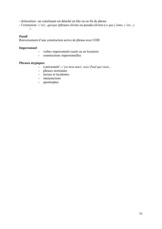 - dislocation : un constituant est détaché en tête ou en fin de phrase
- l’extraction : c’est…qui/que (phrases clivées ou pseudo-clivées (ce que j’aime, c’est…)
        ./..

Passif
Renversement d’une construction active de phrase avec COD

Impersonnel
              -   verbes impersonnels (seuls ou en locution)
              -   constructions impersonnelles

Phrases atypiques
             - à présentatif : c’est mon mari, voici Paul qui vient…
             - phrases nominales
             - incises et incidentes
             - interjonctions
             - apostrophes




                                                                                            31
 
