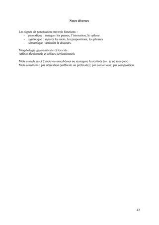 Notes diverses


Les signes de ponctuation ont trois fonctions :
   - prosodique : marquer les pauses, l’intonation, le rythme
   - syntaxique : séparer les mots, les propositions, les phrases
   - sémantique : articuler le discours.

Morphologie gramamticale et lexicale :
Affixes flexionnels et affixes dérivationnels

Mots complexes à 2 mots ou morphèmes ou syntagme lexicalisés (un je ne sais quoi)
Mots construits : par dérivation (suffixale ou préfixale) ; par conversion ; par composition.




                                                                                                42
 