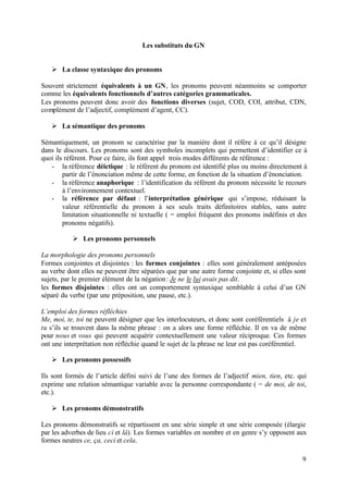Les substituts du GN


   Ø La classe syntaxique des pronoms

Souvent strictement équivalents à un GN, les pronoms peuvent néanmoins se comporter
comme les équivalents fonctionnels d’autres catégories grammaticales.
Les pronoms peuvent donc avoir des fonctions diverses (sujet, COD, COI, attribut, CDN,
complément de l’adjectif, complément d’agent, CC).

   Ø La sémantique des pronoms

Sémantiquement, un pronom se caractérise par la manière dont il réfère à ce qu’il désigne
dans le discours. Les pronoms sont des symboles incomplets qui permettent d’identifier ce à
quoi ils réfèrent. Pour ce faire, ils font appel trois modes différents de référence :
   - la référence déictique : le référent du pronom est identifié plus ou moins directement à
        partir de l’énonciation même de cette forme, en fonction de la situation d’énonciation.
   - la référence anaphorique : l’identification du référent du pronom nécessite le recours
        à l’environnement contextuel.
   - la référence par défaut : l’interprétation générique qui s’impose, réduisant la
        valeur référentielle du pronom à ses seuls traits définitoires stables, sans autre
        limitation situationnelle ni textuelle ( = emploi fréquent des pronoms indéfinis et des
        pronoms négatifs).

           Ø Les pronoms personnels

La morphologie des pronoms personnels
Formes conjointes et disjointes : les formes conjointes : elles sont généralement antéposées
au verbe dont elles ne peuvent être séparées que par une autre forme conjointe et, si elles sont
sujets, par le premier élément de la négation : Je ne le lui avais pas dit.
les formes disjointes : elles ont un comportement syntaxique semblable à celui d’un GN
séparé du verbe (par une préposition, une pause, etc.).

L’emploi des formes réfléchies
Me, moi, te, toi ne peuvent désigner que les interlocuteurs, et donc sont coréférentiels à je et
tu s’ils se trouvent dans la même phrase : on a alors une forme réfléchie. Il en va de même
pour nous et vous qui peuvent acquérir contextuellement une valeur réciproque. Ces formes
ont une interprétation non réfléchie quand le sujet de la phrase ne leur est pas coréférentiel.

   Ø Les pronoms possessifs

Ils sont formés de l’article défini suivi de l’une des formes de l’adjectif mien, tien, etc. qui
exprime une relation sémantique variable avec la personne correspondante ( = de moi, de toi,
etc.).

   Ø Les pronoms démonstratifs

Les pronoms démonstratifs se répartissent en une série simple et une série composée (élargie
par les adverbes de lieu ci et là). Les formes variables en nombre et en genre s’y opposent aux
formes neutres ce, ça, ceci et cela.

                                                                                              9
 