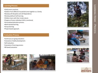 LEARNING HOME - PROCESS
Learning Process
•Child centric practices.
•Children from different household come together as a family.
•Develop self-discipline and self-dependence.
•Develop ability of self-learning.
•Children learn with their innate nature.
•Progress of every individual child is monitored.
•Personalized education process.
•Multi-faceted learning.
•Group learning.
•Project based approach.



Evaluation Process
•Continuous on-going evaluation.
•Evaluation of ability development.
•Self evaluation.
•Evaluation of learning process.
•MI based evaluation
 