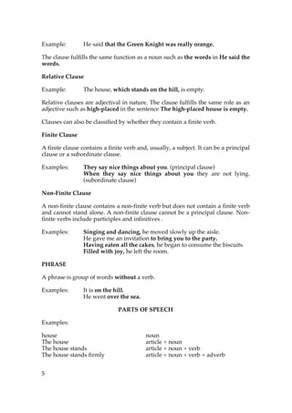 Example:         He said that the Green Knight was really orange.

The clause fulfills the same function as a noun such as the words in He said the
words.

Relative Clause

Example:         The house, which stands on the hill, is empty.

Relative clauses are adjectival in nature. The clause fulfills the same role as an
adjective such as high-placed in the sentence The high-placed house is empty.

Clauses can also be classified by whether they contain a finite verb.

Finite Clause

A finite clause contains a finite verb and, usually, a subject. It can be a principal
clause or a subordinate clause.

Examples:        They say nice things about you. (principal clause)
                 When they say nice things about you they are not lying.
                 (subordinate clause)

Non-Finite Clause

A non-finite clause contains a non-finite verb but does not contain a finite verb
and cannot stand alone. A non-finite clause cannot be a principal clause. Non-
finite verbs include participles and infinitives .

Examples:        Singing and dancing, he moved slowly up the aisle.
                 He gave me an invitation to bring you to the party.
                 Having eaten all the cakes, he began to consume the biscuits.
                 Filled with joy, he left the room.

PHRASE

A phrase is group of words without a verb.

Examples:        It is on the hill.
                 He went over the sea.

                               PARTS OF SPEECH

Examples:

house                                     noun
The house                                 article + noun
The house stands                          article + noun + verb
The house stands firmly                   article + noun + verb + adverb


5
 
