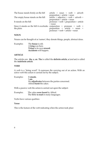 The house stands firmly on the hill      article + noun + verb + adverb
                                         preposition + article + noun
The empty house stands on the hill       article + adjective + verb + adverb +
                                         preposition + article + noun
It stands on the hill                    pronoun + verb + preposition + article
                                         + noun
Since it stands on the hill it overlooks conjunction + pronoun + verb +
the plain                                preposition + article + noun +
                                         pronoun + verb + article + noun

NOUN

Nouns can be thought of as 'names'; they denote things, people, abstract ideas.

Examples:        The house is old.
                 A king was here.
                 Virtue is its own reward.
                 Accidents will happen.

ARTICLE

The articles are: the, a, an. The is called the definite article; a (and an) is called
the indefinite article.

VERB

A verb is a "doing word". It expresses the carrying out of an action. With an
active verb this action is carried out by the subject.

Examples:        It stands.
                 I am.
                 He adjudicates between the parties concerned.
                 Alfred burnt the cakes.

With a passive verb the action is carried out upon the subject:

Examples:       The cakes were burnt by Alfred.
                The Bible is read in many languages.

Verbs have various qualities:

Tense

This is the feature of the verb indicating when the action took place




6
 