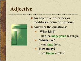 Adjective An adjective describes or modifies a noun or pronoun. Answers the questions: What kind ?   I like the  long, green  rectangle.  Which one? I want  that  dress. How many? I  see  twelve  circles. 
