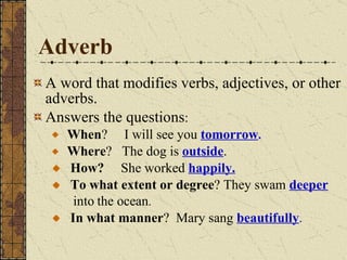 Adverb A word that modifies verbs, adjectives, or other adverbs. Answers the questions : When ?  I will see you  tomorrow . Where ?  The dog is  outside .   How?  She worked  happily.   To what extent or degree ? They swam  deeper into   the ocean .   In what manner ?  Mary sang  beautifully . 