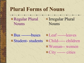 Plural Forms of Nouns Regular Plural Nouns Bus -------buses Student- students Irregular Plural Nouns Leaf ------leaves Child----- children Woman-- women City ------ cities 