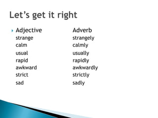    Adjective   Adverb
    strange     strangely
    calm        calmly
    usual       usually
    rapid       rapidly
    awkward     awkwardly
    strict      strictly
    sad         sadly
 
