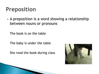    A preposition is a word showing a relationship
    between nouns or pronouns

    The book is on the table

    The baby is under the table

    She read the book during class
 