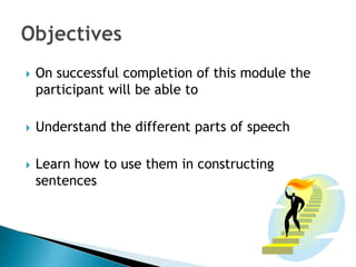    On successful completion of this module the
    participant will be able to

   Understand the different parts of speech

   Learn how to use them in constructing
    sentences
 