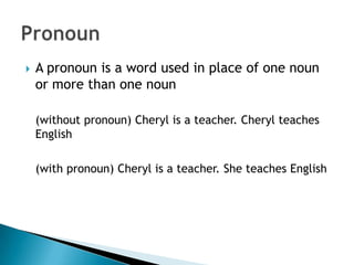    A pronoun is a word used in place of one noun
    or more than one noun

    (without pronoun) Cheryl is a teacher. Cheryl teaches
    English

    (with pronoun) Cheryl is a teacher. She teaches English
 