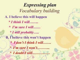 Expressing plan
         Vocabulary building
A. I believe this will happen
  * I think I will……..
  * I’m sure I will……
   * I will probably…..
B. I believe this won’t happen
    * I don’t I think I will…….
   * I’m sure I won’t………..
   * I doubt I will……………
 