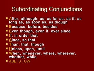 Subordinating Conjunctions










A fter, although, as, as far as, as if, as
long as, as soon as, as though
B ecause, before, besides
E ven though, even if, ever since
I f, in order that
S ince, so that
T han, that, though
U nless, upon, until
W hen, whenever, where, wherever,
whether, while
ABE IS TUW

 