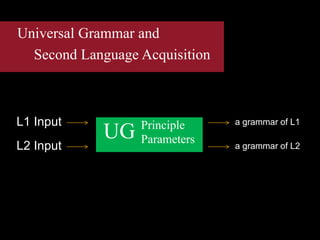 Universal Grammar and
Second Language Acquisition
L1 Input
UG Principle
ParametersL2 Input
a grammar of L1
a grammar of L2
 