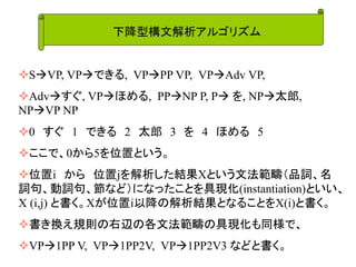 下降型構文解析アルゴリズム 
SVP, VPできる, VPPP VP, VPAdv VP, 
Advすぐ, VPほめる, PPNP P, P を, NP太郎, NPVP NP 
0 すぐ 1 できる 2 太郎 3 を 4 ほめる 5 
ここで、0から5を位置という。 
位置i から 位置jを解析した結果Xという文法範疇（品詞、名 詞句、動詞句、節など）になったことを具現化(instantiation)といい、 X (i,j) と書く。Xが位置i以降の解析結果となることをX(i)と書く。 
書き換え規則の右辺の各文法範疇の具現化も同様で、 
VP1PP V, VP1PP2V, VP1PP2V3 などと書く。  