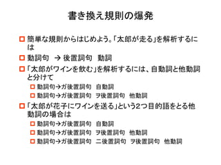 書き換え規則の爆発 
簡単な規則からはじめよう。「太郎が走る」を解析するに は 
動詞句  後置詞句 動詞 
「太郎がワインを飲む」を解析するには、自動詞と他動詞 と分けて 
動詞句ガ後置詞句 自動詞 
動詞句ガ後置詞句 ヲ後置詞句 他動詞 
「太郎が花子にワインを送る」という２つ目的語をとる他 動詞の場合は 
動詞句ガ後置詞句 自動詞 
動詞句ガ後置詞句 ヲ後置詞句 他動詞 
動詞句ガ後置詞句 二後置詞句 ヲ後置詞句 他動詞  