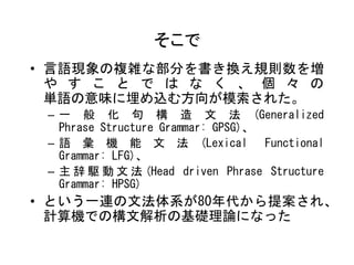 そこで 
•言語現象の複雑な部分を書き換え規則数を増 やすことではなく、個々の 単語の意味に埋め込む方向が模索された。 
–一般化句構造文法(Generalized Phrase Structure Grammar: GPSG)、 
–語彙機能文法(Lexical Functional Grammar: LFG)、 
–主辞駆動文法(Head driven Phrase Structure Grammar: HPSG) 
•という一連の文法体系が80年代から提案され、 計算機での構文解析の基礎理論になった  