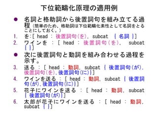 下位範疇化原理の適用例 
名詞と格助詞から後置詞句を組み立てる過 程（簡単のため、格助詞は下位範疇化素性として名詞をとる ことにしておく。） 
1.を:[ head : 後置詞句(を), subcat { 名詞 }] 
2.ワインを : [ head : 後置詞句(を), subcat { }] 
次に後置詞句と動詞を組み合わせる過程を 示す。 
3.送る : [ head : 動詞, subcat { 後置詞句(が), 後置詞句(を),後置詞句(に)}] 
4.ワインを送る : [ head : 動詞, subcat { 後置詞 句(が),後置詞句(に)}] 
5.花子にワインを送る : [ head : 動詞, subcat { 後置詞句(が)}] 
6.太郎が花子にワインを送る : [ head : 動詞, subcat { }]  