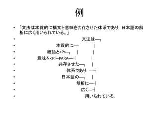 例 
•「文法は本質的に構文と意味を共存させた体系であり，日本語の解 析に広く用いられている。」 
• 文法は──┐ 
• 本質的に──┐ │ 
• 統語と<P>─┐ │ │ 
• 意味を<P>─PARA──┤ │ 
• 共存させた──┐ │ 
• 体系であり，──┤ 
• 日本語の──┐ │ 
• 解析に──┤ 
• 広く──┤ 
• 用いられている．  