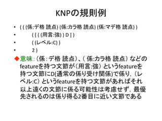 KNPの規則例 
•( ( (係:デ格 読点) (係:カラ格 読点) (係:マデ格 読点) ) 
• ( [ ( (用言:強) ) D ] ) 
• ( (レベル:C) ) 
• 2 ) 
意味：（係：デ格 読点）、（ 係:カラ格 読点） などの featureを持つ文節が（用言:強） というfeatureを 持つ文節にD(通常の係り受け関係)で係り，（レ ベル:C） というfeatureを持つ文節があればそれ 以上遠くの文節に係る可能性は考慮せず，最優 先されるのは係り得る2番目に近い文節である  