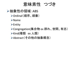 意味素性 つづき 
抽象性の領域：ABS 
Ordinal（順序、順番） 
Name 
Entity 
Congregation(集合物 ex 群れ、世間、有志） 
Kind(種類 ex 人類） 
Abstract（その他の抽象概念）  
