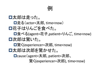 例 
太郎は走った。 
走る（actor=太郎, time<now） 
花子はりんごを食べた。 
食べる(agent=花子,patient=りんご, time<now) 
次郎は驚いた。 
驚く(experiencer=次郎, time<now) 
太郎は次郎を驚かせた。 
cause（agent=太郎, patient=次郎、 
驚く(experiencer=次郎), time<now)  