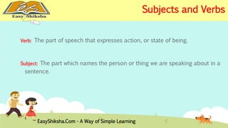 Verb: The part of speech that expresses action, or state of being. 
Subject: The part which names the person or thing we are speaking about in a 
sentence. 
EasyShiksha.Com - A Way of Simple Learning 
Subjects and Verbs 
 