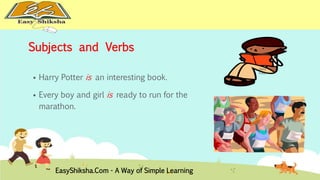 Subjects and Verbs 
 Harry Potter is an interesting book. 
 Every boy and girl is ready to run for the 
marathon. 
Harry 
Potter 
EasyShiksha.Com - A Way of Simple Learning 
 
