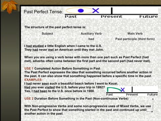 Past Perfect Tense:
The structure of the past perfect tense is:
I had studied a little English when I came to the U.S.
They had never met an American until they met John.
When you are using a verb tense with more than one part such as Past Perfect (had
met), adverbs often come between the first part and the second part (had never met).
USE 1 Completed Action Before Something in Past
The Past Perfect expresses the idea that something occurred before another action in
the past. It can also show that something happened before a specific time in the past.
EXAMPLES:
I had never seen such a beautiful beach before I went to Kauai.
Had you ever visited the U.S. before your trip in 1992?
Yes, I had been to the U.S. once before in 1988.
USE 2 Duration Before Something in the Past (Non-continuous Verbs)
With Non-progressive Verbs and some non-progressive uses of Mixed Verbs, we use
the Past Perfect to show that something started in the past and continued up until
another action in the past.
Subject Auxiliary Verb Main Verb
had Past participle (third form)
 