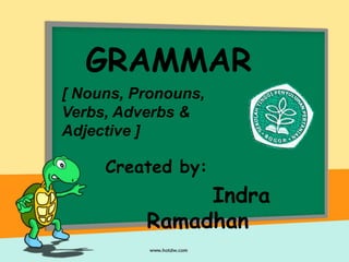 GRAMMAR
Created by:
Indra
Ramadhan
[ Nouns, Pronouns,
Verbs, Adverbs &
Adjective ]
 