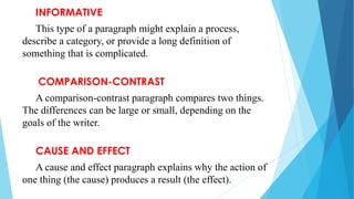 INFORMATIVE
This type of a paragraph might explain a process,
describe a category, or provide a long definition of
something that is complicated.
COMPARISON-CONTRAST
A comparison-contrast paragraph compares two things.
The differences can be large or small, depending on the
goals of the writer.
CAUSE AND EFFECT
A cause and effect paragraph explains why the action of
one thing (the cause) produces a result (the effect).
 