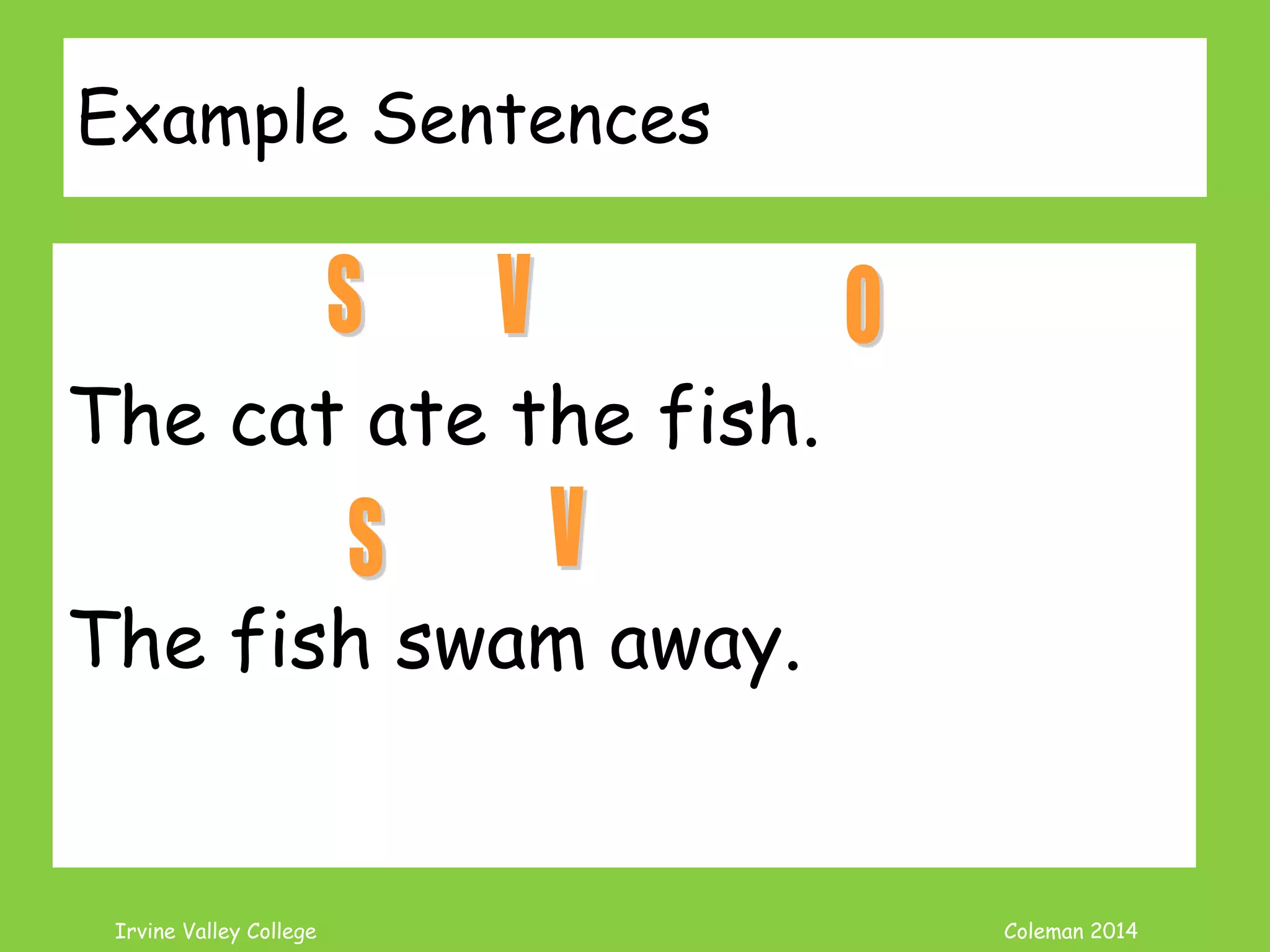 Coleman’s Classroom www.clmn.net
Example Sentences
The cat ate the fish.
The fish swam away.
 