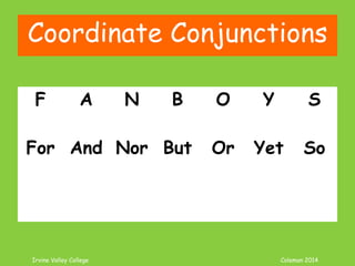 Coleman’s Classroom www.clmn.net
How To Find Fragments?
1. Circle every period.
2. Locate the subject.
3. Locate the verb.
4. If a period, but NO S or
V then it is a FRG!!!!!!!!!
 