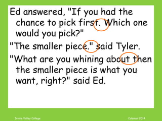 Coleman’s Classroom www.clmn.net
Five Ways to Correct a
Run-on or Comma Splice
Use two separate
sentences:
Use this method especially
if the thoughts are not
closely related.
 