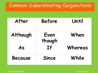 Coleman’s Classroom www.clmn.net
Common Subordinating Conjunctions
After Before Until
Although Even
though
When
As If Whereas
Because Since While
 