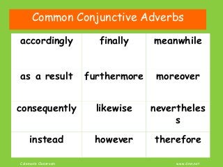Coleman’s Classroom www.clmn.net
Common Conjunctive Adverbs
accordingly finally meanwhile
as a result furthermore moreover
consequently likewise nevertheles
s
instead however therefore
 