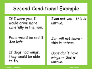 Coleman’s Classroom www.clmn.net
If I were you, I
would drive more
carefully in the rain.
Paula would be sad if
Jan left.
If dogs had wings,
they would be able
to fly.
I am not you - this is
untrue.
Jan will not leave -
this is untrue.
Dogs don't have
wings -- this is
untrue.
Second Conditional Example
 