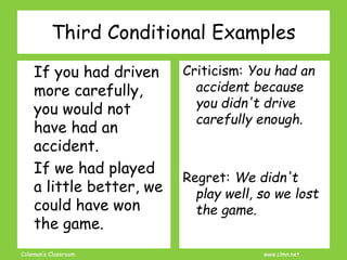 Coleman’s Classroom www.clmn.net
If you had driven
more carefully,
you would not
have had an
accident.
If we had played
a little better, we
could have won
the game.
Criticism: You had an
accident because
you didn't drive
carefully enough.
Regret: We didn't
play well, so we lost
the game.
Third Conditional Examples
 