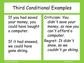 Coleman’s Classroom www.clmn.net
If you had saved
your money, you
could have bought
a computer.
If it had snowed,
we could have
gone skiing.
Criticism: You
didn't save your
money, so now you
can't afford a
computer.
Regret: It didn't
snow, so we
couldn't go skiing.
Third Conditional Examples
 