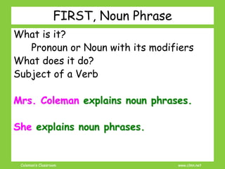 Coleman’s Classroom www.clmn.net
FIRST, Noun Phrase
What is it?
Pronoun or Noun with its modifiers
What does it do?
Subjec...