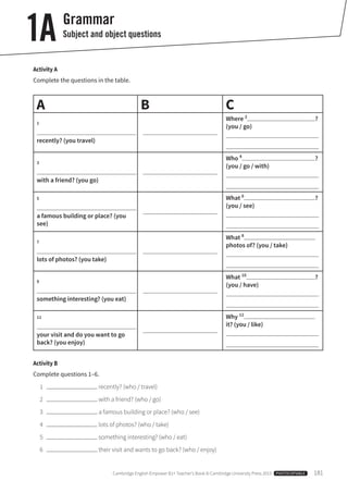 Cambridge English Empower B1+ Teacher’s Book © Cambridge University Press 2015  PHOTOCOPIABLE  181
Grammar
Subject and object questions1A
A B C
1
recently? (you travel)
Where 2
?
(you / go)
3
with a friend? (you go)
Who 4
?
(you / go / with)
5
a famous building or place? (you
see)
What 6
?
(you / see)
7
lots of photos? (you take)
What 8
photos of? (you / take)
9
something interesting? (you eat)
What 10
?
(you / have)
11
your visit and do you want to go
back? (you enjoy)
Why 12
it? (you / like)
Activity A
Complete the questions in the table.
Activity B
Complete questions 1–6.
1	 recently? (who / travel)
2	 with a friend? (who / go)
3	 a famous building or place? (who / see)
4	 lots of photos? (who / take)
5	 something interesting? (who / eat)
6	 their visit and wants to go back? (who / enjoy)
 