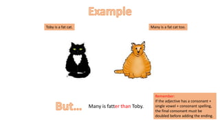 Toby is a fat cat. Many is a fat cat too.
Many is fatter than Toby.
Remember:
If the adjective has a consonant +
single vowel + consonant spelling,
the final consonant must be
doubled before adding the ending.
 