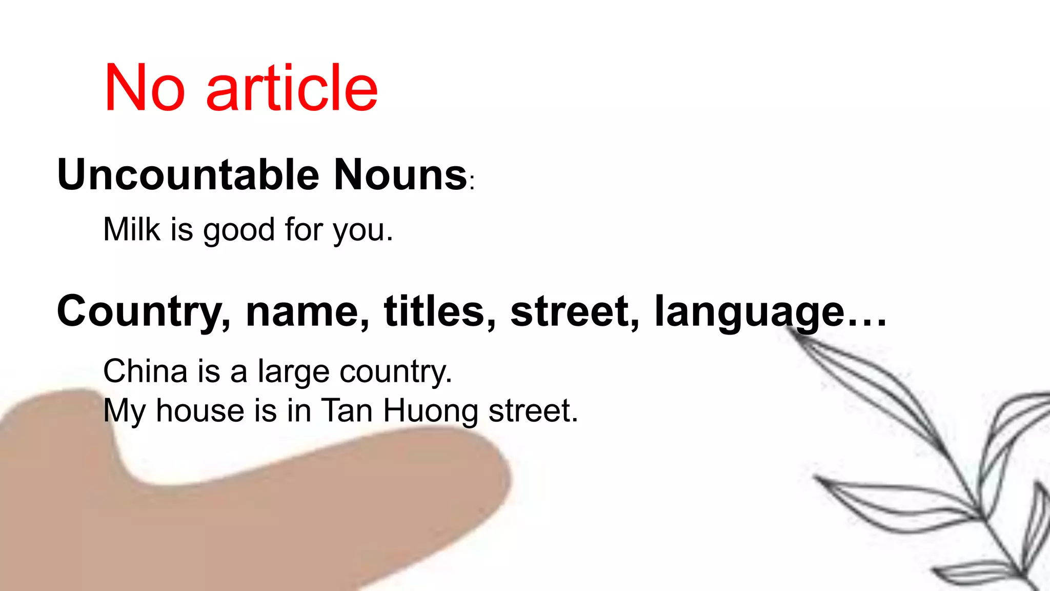 No article
Uncountable Nouns:
Milk is good for you.
Country, name, titles, street, language…
China is a large country.
My house is in Tan Huong street.
 